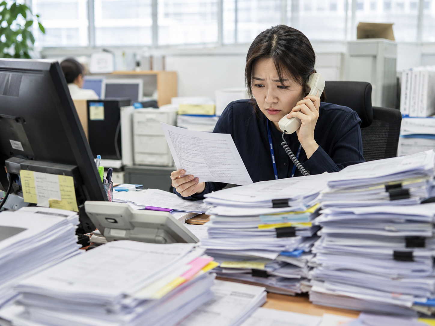 많은 서류와 전화 업무로 바쁜 행정 실무자